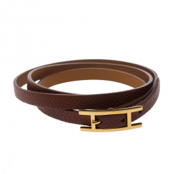 Pre Owned Hermes Hapi 3 Brown Leather Gold Plated Wrap Bracelet M
