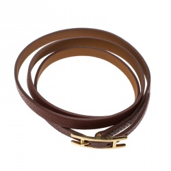 Pre Owned Hermes Hapi 3 Brown Leather Gold Plated Wrap Bracelet M