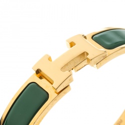 Pre Owned Hermes Clic Clac H Green Vert Sapin Enamel Gold Plated Narrow Bracelet GM