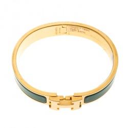 Pre Owned Hermes Clic Clac H Green Vert Sapin Enamel Gold Plated Narrow Bracelet GM