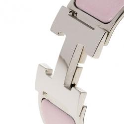 Pre Owned Hermes Clic Clac H Wide Pink Enameled Palladium Plated Bracelet GM