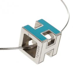 Pre Owned Hermes Cage d'H Light Blue Laquered Pendant Necklace