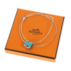 Pre Owned Hermes Cage d'H Light Blue Laquered Pendant Necklace