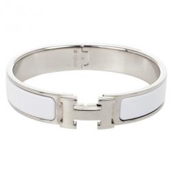 Pre Owned Hermes Clic Clac H White Enamel Palladium Plated Bracelet PM