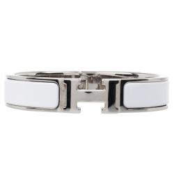 Pre Owned Hermes Clic Clac H White Enamel Palladium Plated Bracelet PM