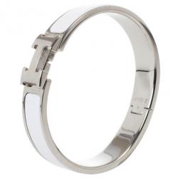 Pre Owned Hermes Clic Clac H White Enamel Palladium Plated Bracelet PM