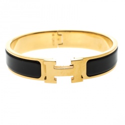 Pre Owned Hermes Clic Clac H Black Enamel Gold Plated Narrow Bracelet PM