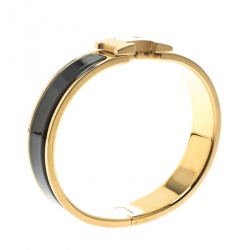 Pre Owned Hermes Clic Clac H Black Enamel Gold Plated Narrow Bracelet PM