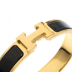 Pre Owned Hermes Clic Clac H Black Enamel Gold Plated Narrow Bracelet PM