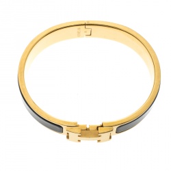 Pre Owned Hermes Clic Clac H Black Enamel Gold Plated Narrow Bracelet PM