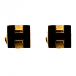 Pre Owned Hermes Cage d'H Black Lacquered Gold Plated Earrings