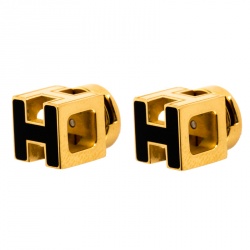 Pre Owned Hermes Cage d'H Black Lacquered Gold Plated Earrings