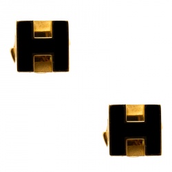 Pre Owned Hermes Cage d'H Black Lacquered Gold Plated Earrings