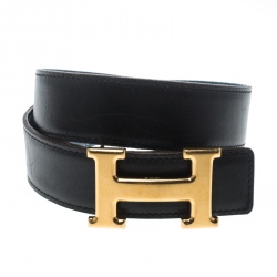 Pre Owned Hermès Black/Blue Leather Reversible Gold Metal Finished H Buckle Belt 75cm