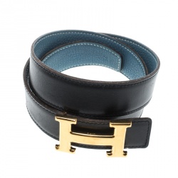Pre Owned Hermès Black/Blue Leather Reversible Gold Metal Finished H Buckle Belt 75cm