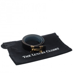 Pre Owned Hermès Black/Blue Leather Reversible Gold Metal Finished H Buckle Belt 75cm