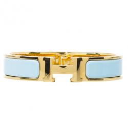Pre Owned Hemes Clic Clac H Light Blue Enamel Gold Plated Bracelet PM
