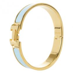 Pre Owned Hemes Clic Clac H Light Blue Enamel Gold Plated Bracelet PM
