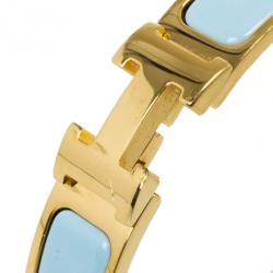 Pre Owned Hemes Clic Clac H Light Blue Enamel Gold Plated Bracelet PM
