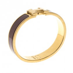 Pre Owned Hermes Clic Clac H Brown Enamel Gold Plated Narrow Bracelet PM