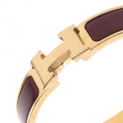 Pre Owned Hermes Clic Clac H Brown Enamel Gold Plated Narrow Bracelet PM