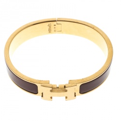 Pre Owned Hermes Clic Clac H Brown Enamel Gold Plated Narrow Bracelet PM