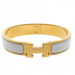 Pre Owned Hermes Clic Clac H White Enamel Gold Plated Narrow Bracelet PM