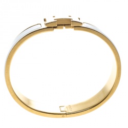 Pre Owned Hermes Clic Clac H White Enamel Gold Plated Narrow Bracelet PM