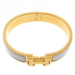 Pre Owned Hermes Clic Clac H White Enamel Gold Plated Narrow Bracelet PM