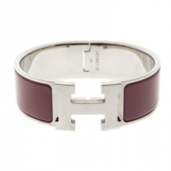 Pre Owned Hermes Clic Clac H Mauve Enamel Palladium Plated Wide Bracelet