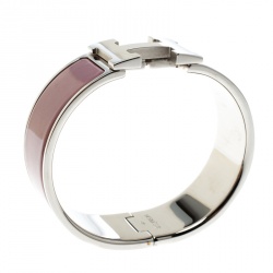 Pre Owned Hermes Clic Clac H Mauve Enamel Palladium Plated Wide Bracelet