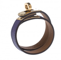 Pre Owned Hermes Kelly Double Tour Purple Leather Gold Plated Wrap Bracelet S