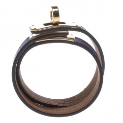 Pre Owned Hermes Kelly Double Tour Purple Leather Gold Plated Wrap Bracelet S