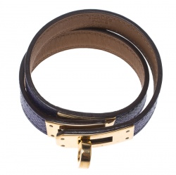 Pre Owned Hermes Kelly Double Tour Purple Leather Gold Plated Wrap Bracelet S