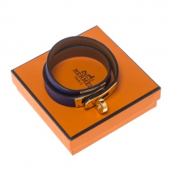 Pre Owned Hermes Kelly Double Tour Purple Leather Gold Plated Wrap Bracelet S