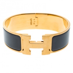 Pre Owned Hermes Clic Clac H Grey Enamel Gold Plated Wide Bracelet GM