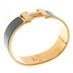 Pre Owned Hermes Clic Clac H Grey Enamel Gold Plated Wide Bracelet GM