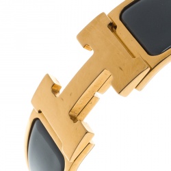 Pre Owned Hermes Clic Clac H Grey Enamel Gold Plated Wide Bracelet GM