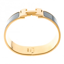 Pre Owned Hermes Clic Clac H Grey Enamel Gold Plated Wide Bracelet GM