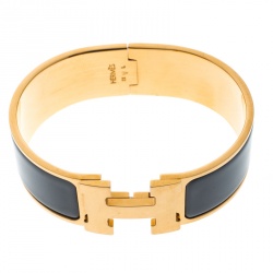 Pre Owned Hermes Clic Clac H Grey Enamel Gold Plated Wide Bracelet GM