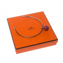 Pre Owned Hermes Jojoba Pink Leather Ball Steel Choker Necklace