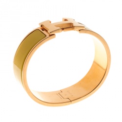 Pre Owned Hermes Clic Clac H Sun Yellow Enamel Gold Plated Wide Bracelet GM