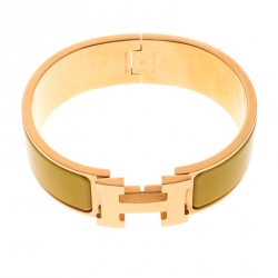 Pre Owned Hermes Clic Clac H Sun Yellow Enamel Gold Plated Wide Bracelet GM