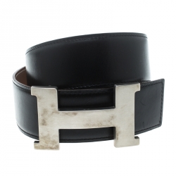Pre Owned Hermes Black/Brown Box Calf Leather Reversible Constance Buckle Belt 75cm