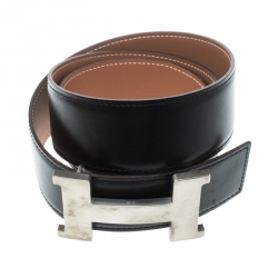 Pre Owned Hermes Black/Brown Box Calf Leather Reversible Constance Buckle Belt 75cm