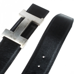 Pre Owned Hermes Black/Brown Box Calf Leather Reversible Constance Buckle Belt 75cm
