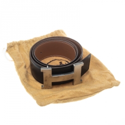 Pre Owned Hermes Black/Brown Box Calf Leather Reversible Constance Buckle Belt 75cm