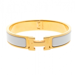 Pre Owned Hermes Clic Clac H White Enamel Gold Plated Narrow Bracelet PM