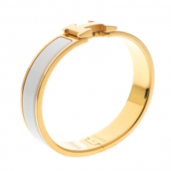 Pre Owned Hermes Clic Clac H White Enamel Gold Plated Narrow Bracelet PM