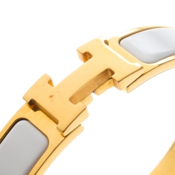 Pre Owned Hermes Clic Clac H White Enamel Gold Plated Narrow Bracelet PM